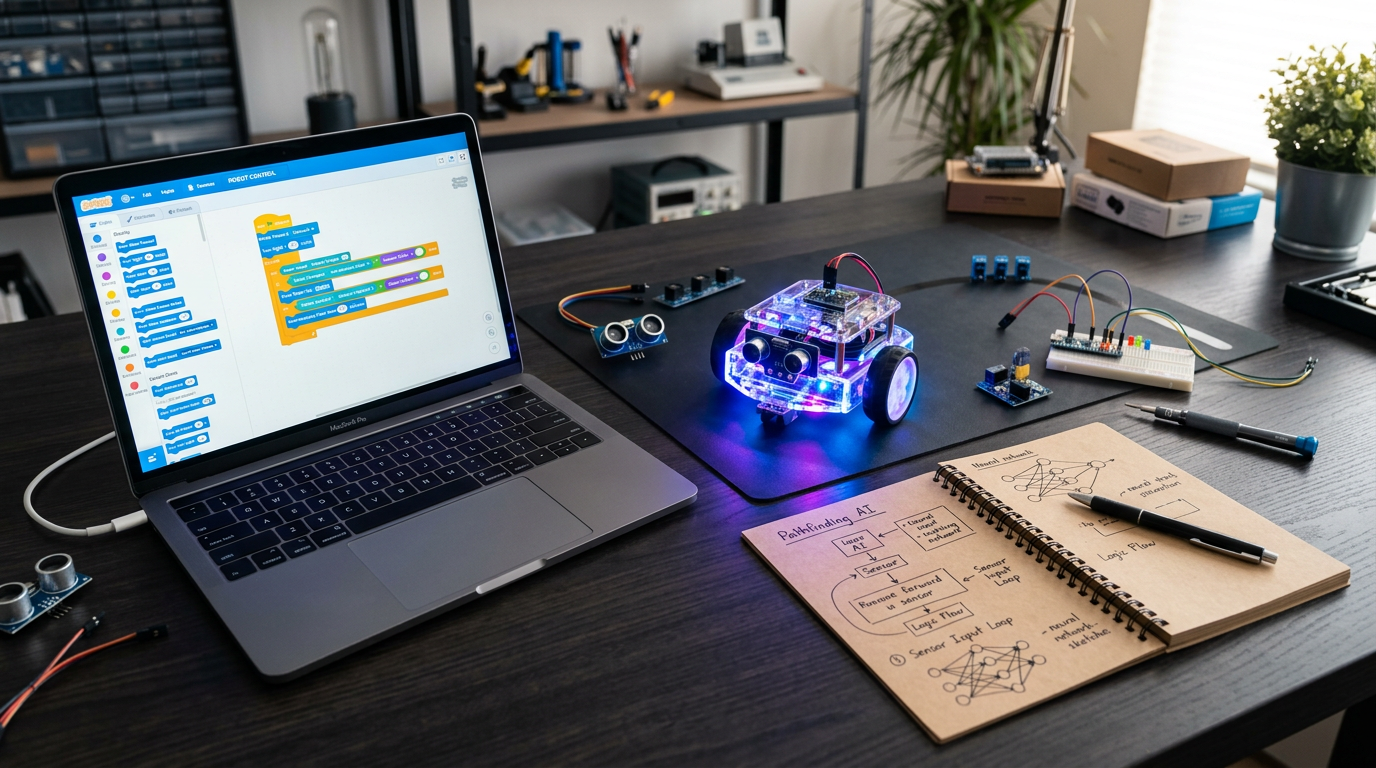 NyroCraft AI robotics workspace with robot, code, and AI diagrams